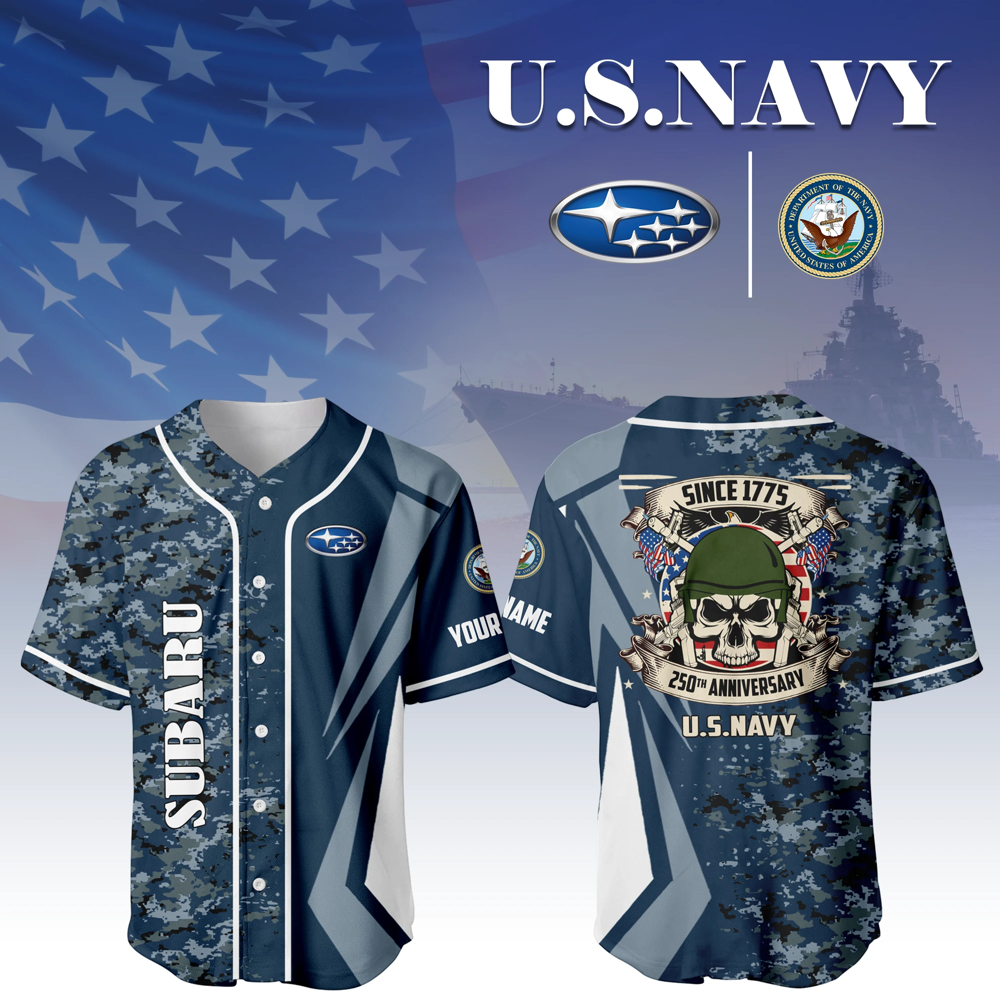 Subaru x US Navy 250th Anniversary 3D Baseball Jersey Custom Your Name Subaru x US Navy 250th Anniversary 3D Baseball Jersey Custom Your Name