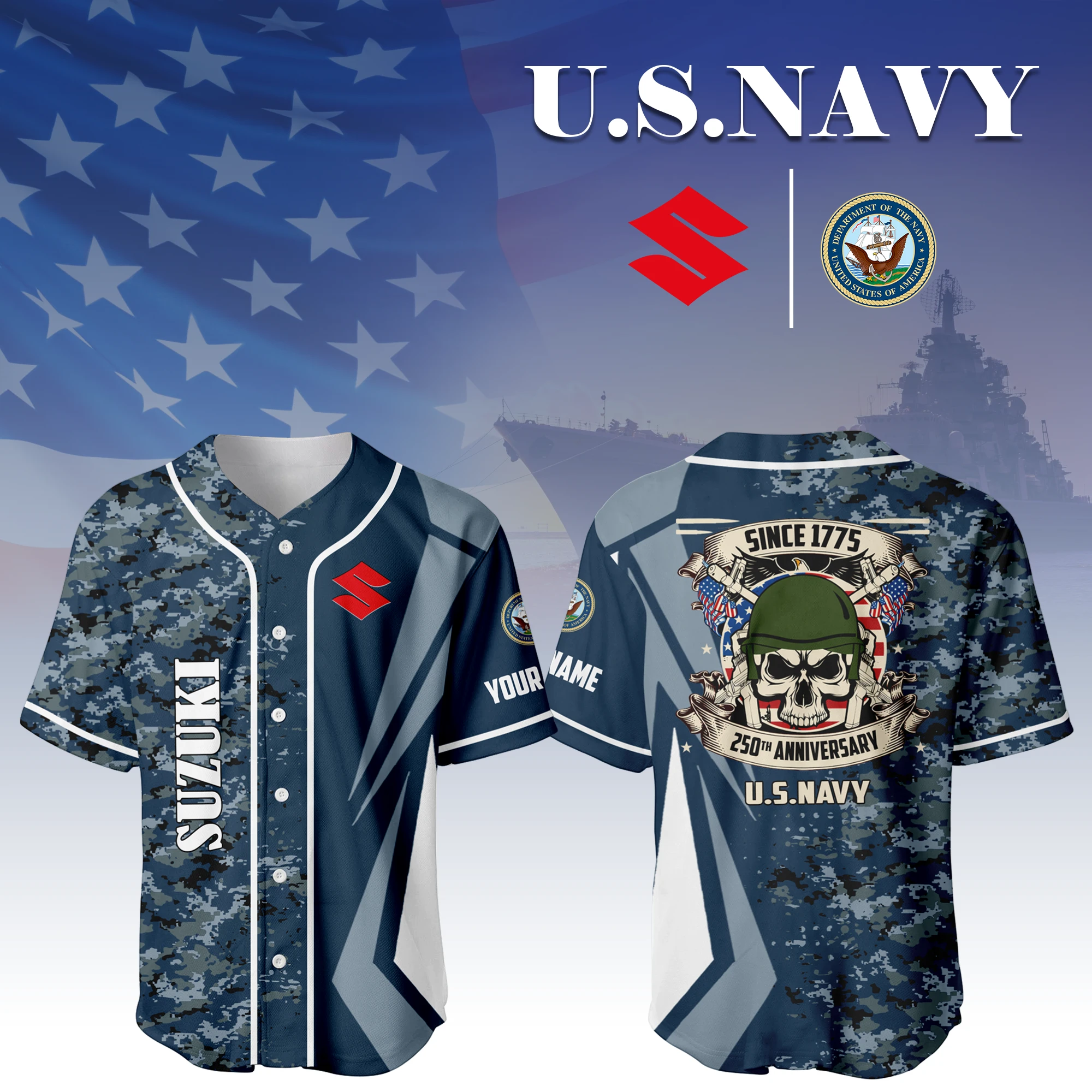 Suzuki x US Navy 250th Anniversary 3D Baseball Jersey Custom Your Name Suzuki x US Navy 250th Anniversary 3D Baseball Jersey Custom Your Name