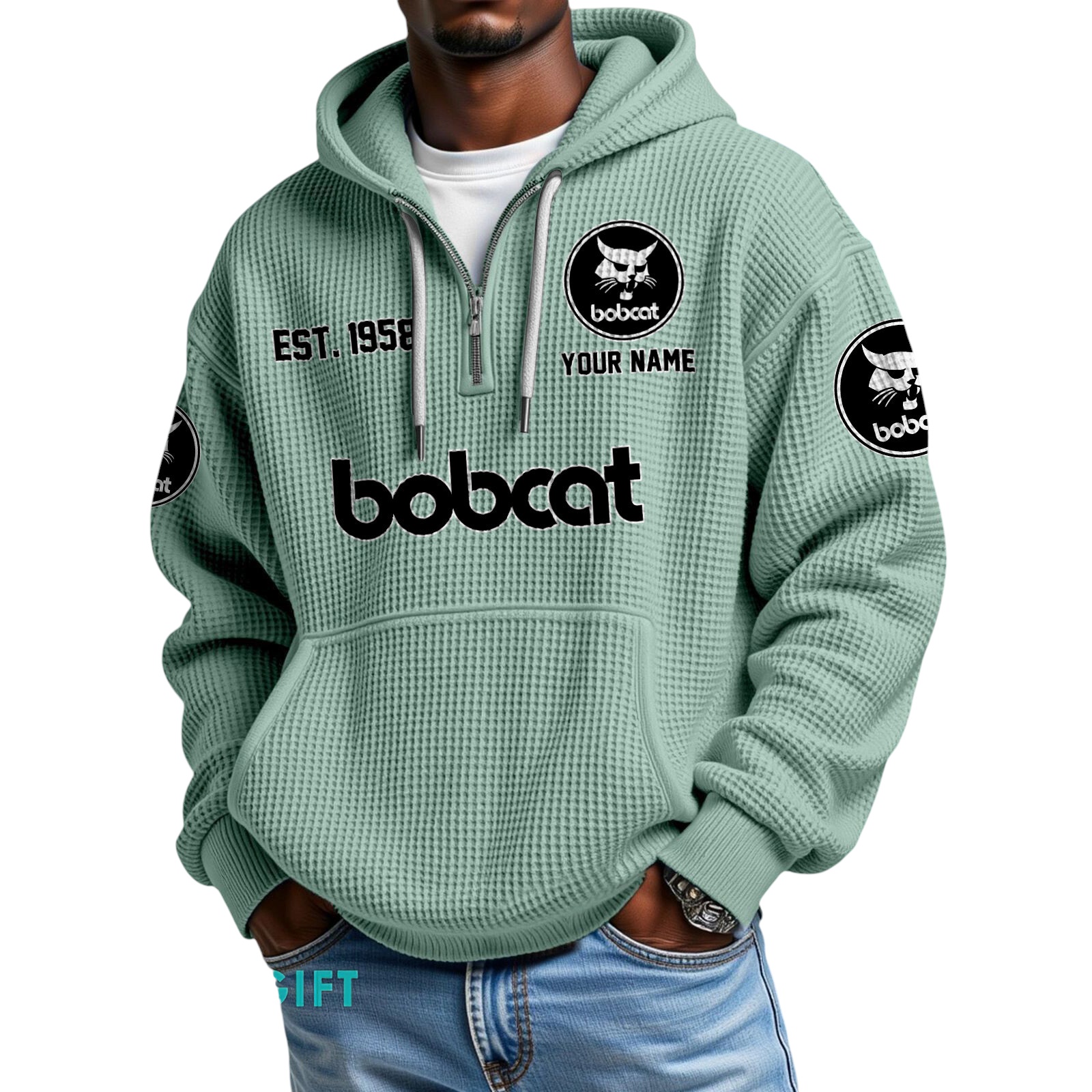 Bobcat Quarter-Zip Waffle Hoodie Custom Your Name Bobcat Quarter-Zip Waffle Hoodie Custom Your Name