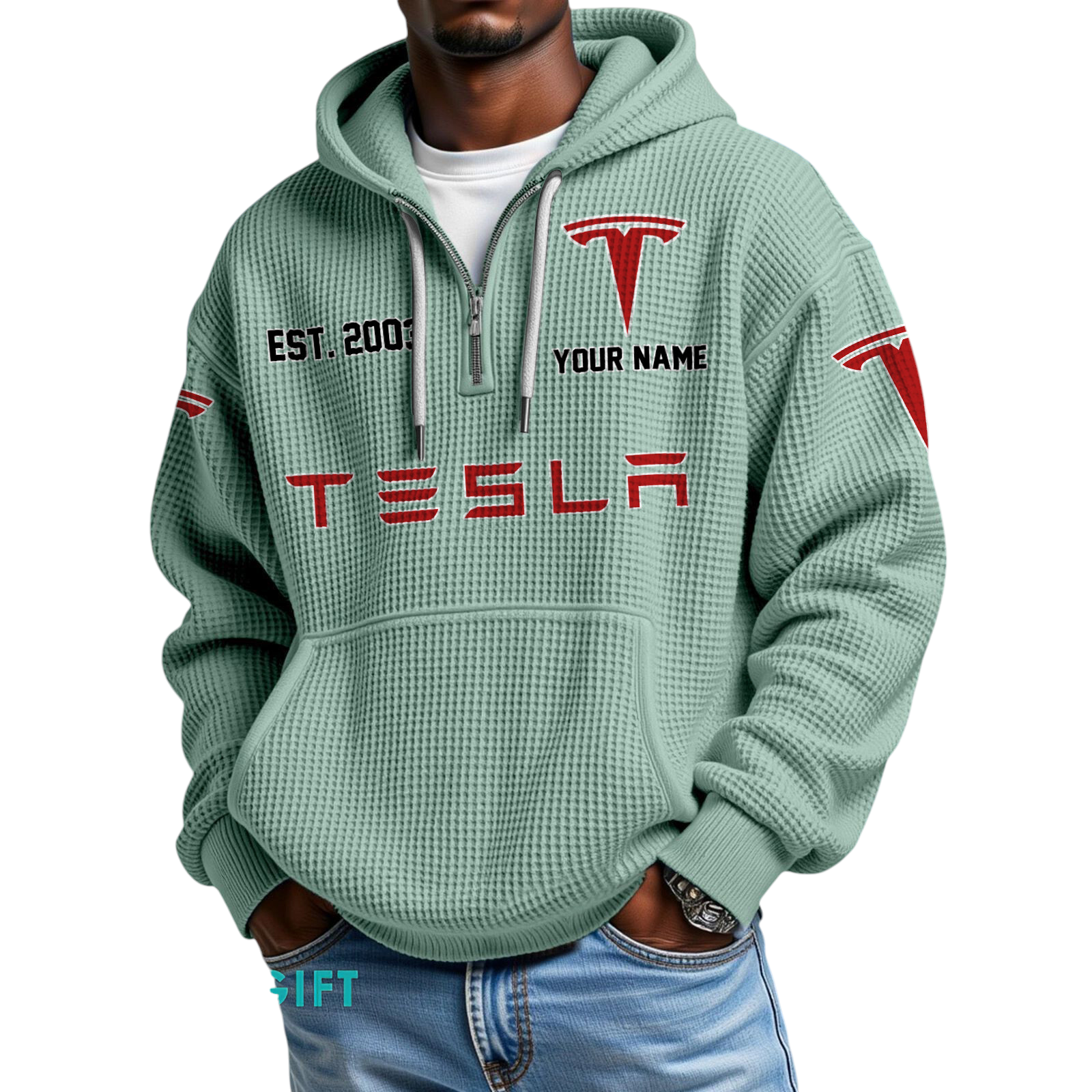 Tesla Quarter-Zip Waffle Hoodie Custom Your Name Tesla Quarter-Zip Waffle Hoodie Custom Your Name