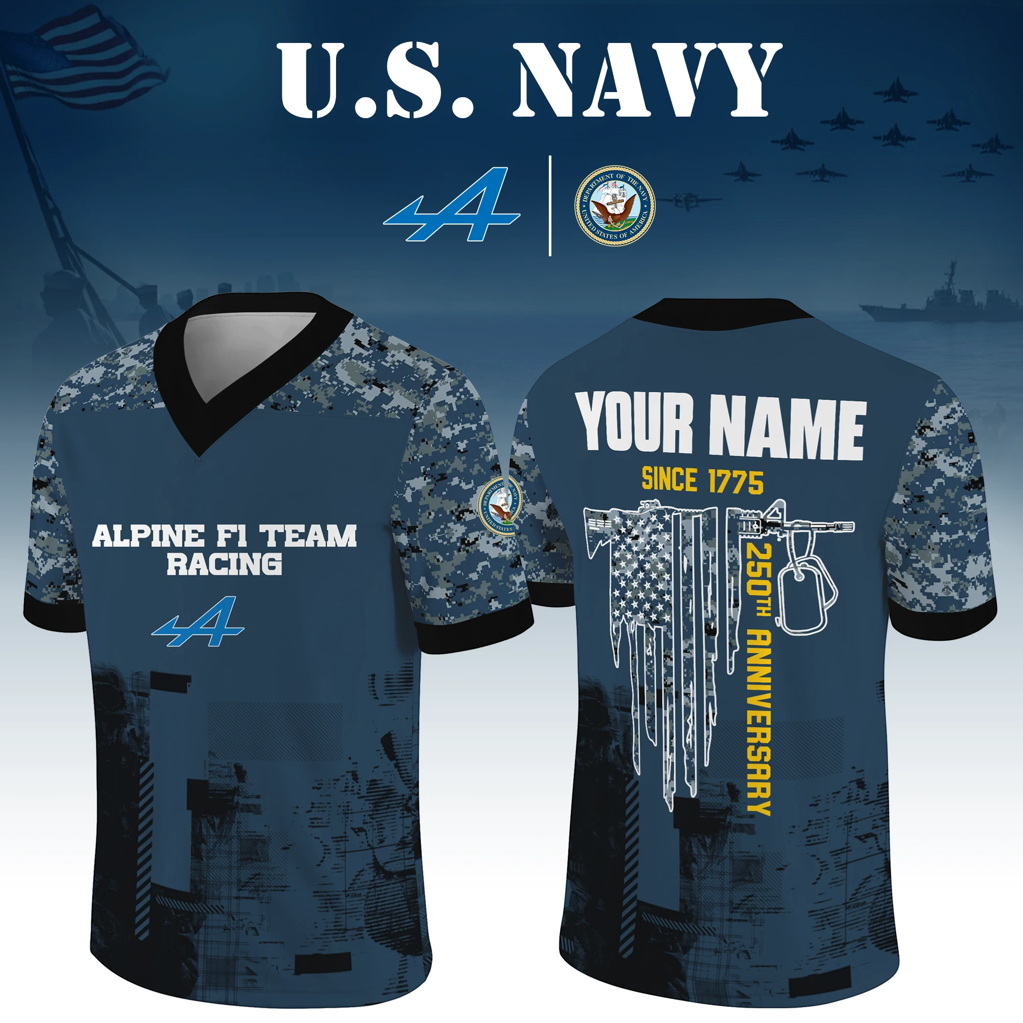 Alpine F1 Team Racing x US Navy 250th Anniversary V-Neck Short Sleeve Jersey 3D Limited 2026 Custom Your Name Alpine F1 Team Racing x US Navy 250th Anniversary V-Neck Short Sleeve Jersey 3D Limited 2026 Custom Your Name
