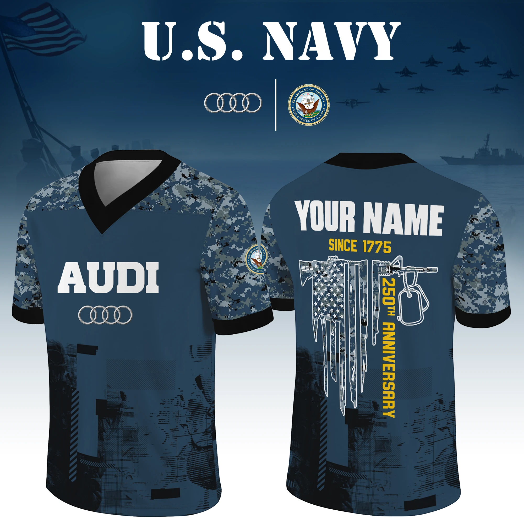 Audi x US Navy 250th Anniversary V-Neck Short Sleeve Jersey 3D Limited 2026 Custom Your Name Audi x US Navy 250th Anniversary V-Neck Short Sleeve Jersey 3D Limited 2026 Custom Your Name