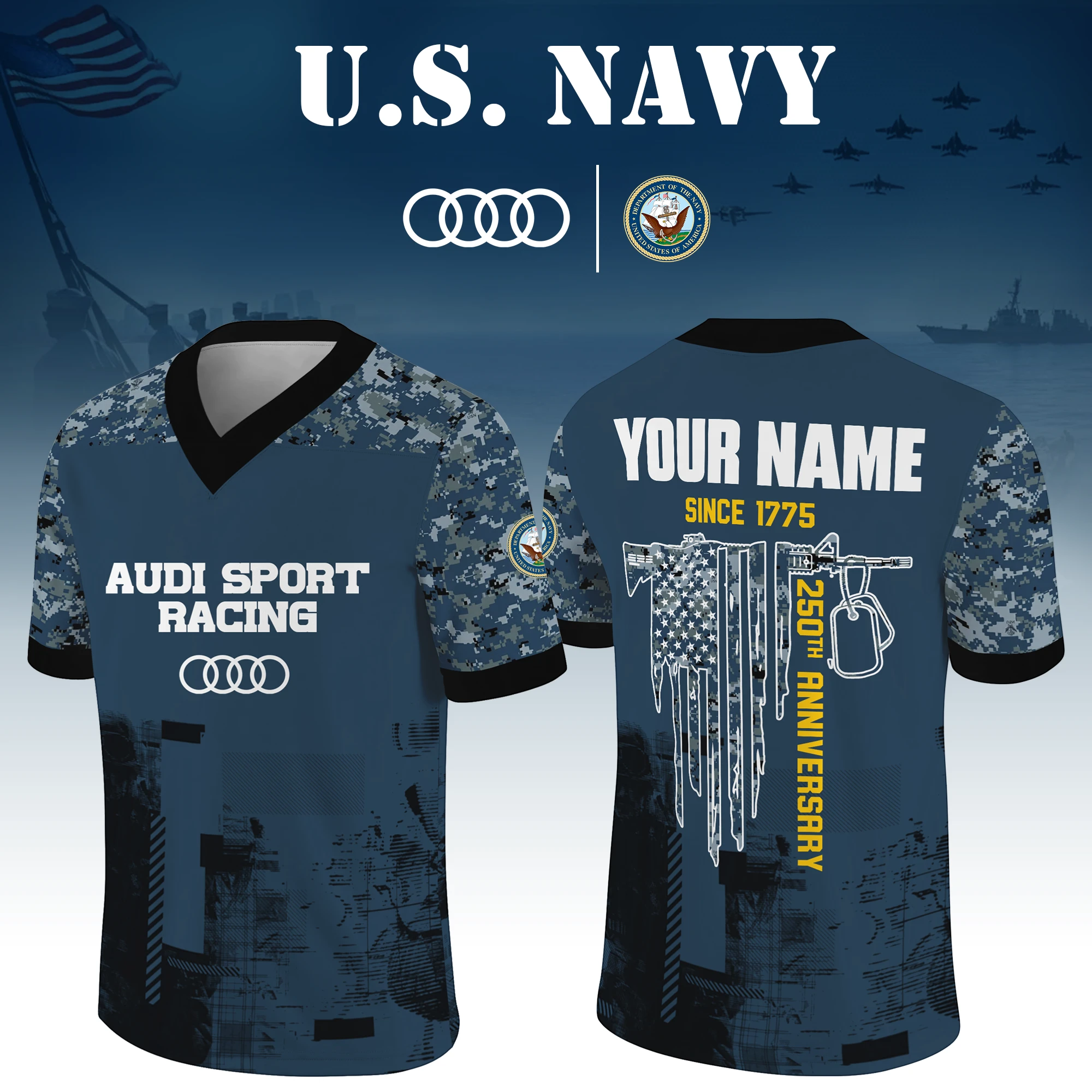 Audi Sport Racing x US Navy 250th Anniversary V-Neck Short Sleeve Jersey 3D Limited 2026 Custom Your Name Audi Sport Racing x US Navy 250th Anniversary V-Neck Short Sleeve Jersey 3D Limited 2026 Custom Your Name
