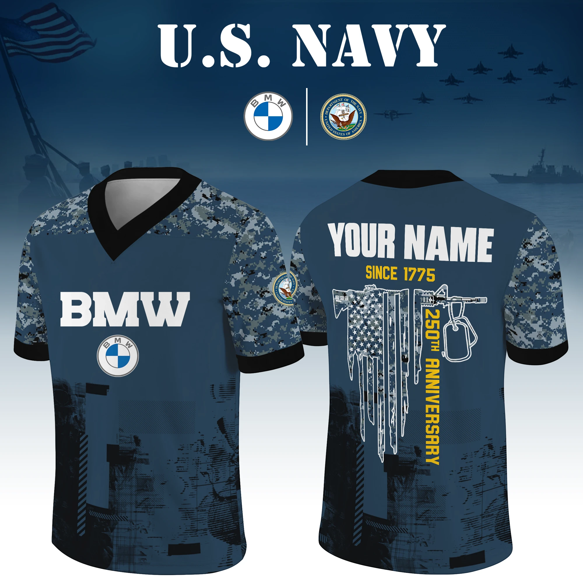 BMW x US Navy 250th Anniversary V-Neck Short Sleeve Jersey 3D Limited 2026 Custom Your Name BMW x US Navy 250th Anniversary V-Neck Short Sleeve Jersey 3D Limited 2026 Custom Your Name