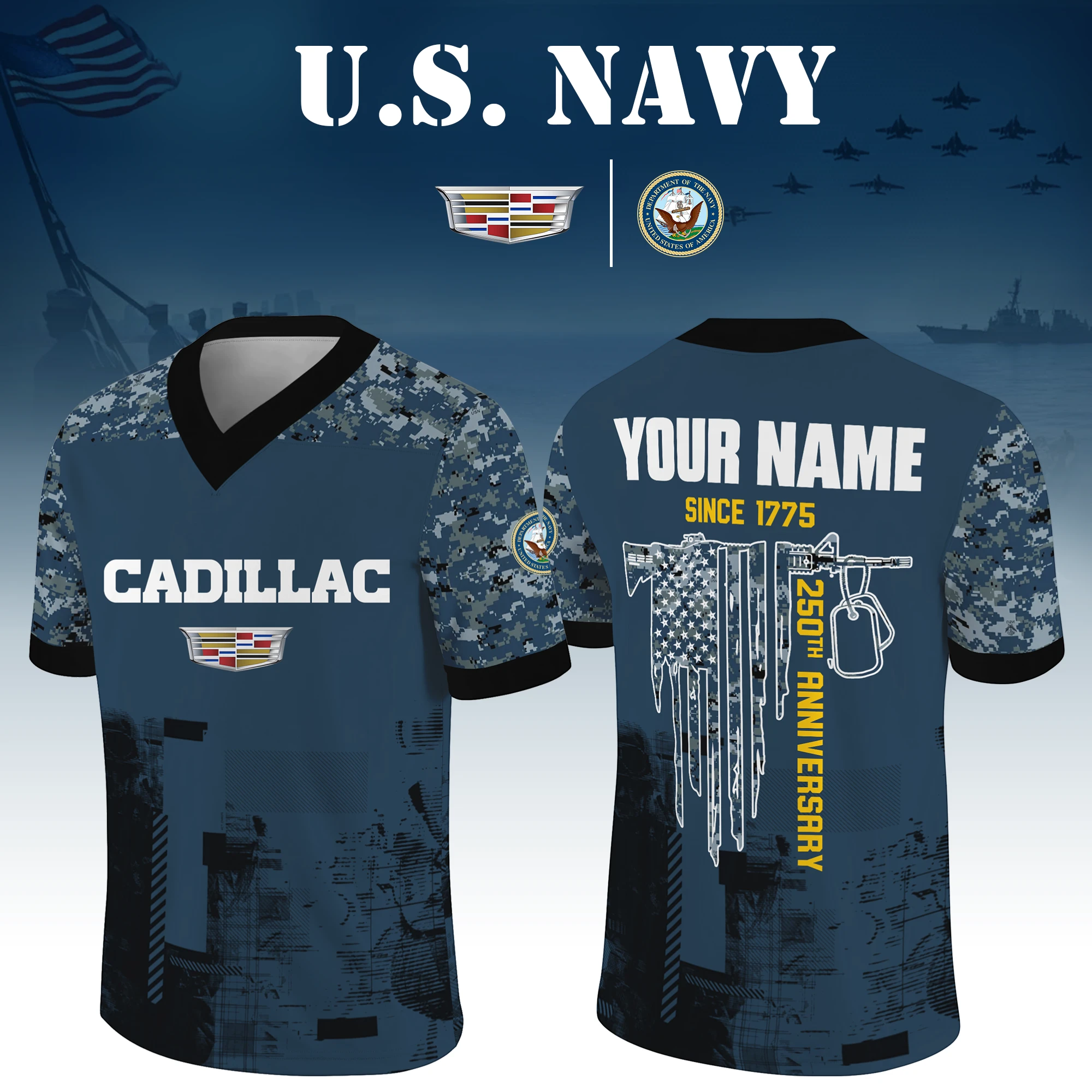 Cadillac x US Navy 250th Anniversary V-Neck Short Sleeve Jersey 3D Limited 2026 Custom Your Name Cadillac x US Navy 250th Anniversary V-Neck Short Sleeve Jersey 3D Limited 2026 Custom Your Name