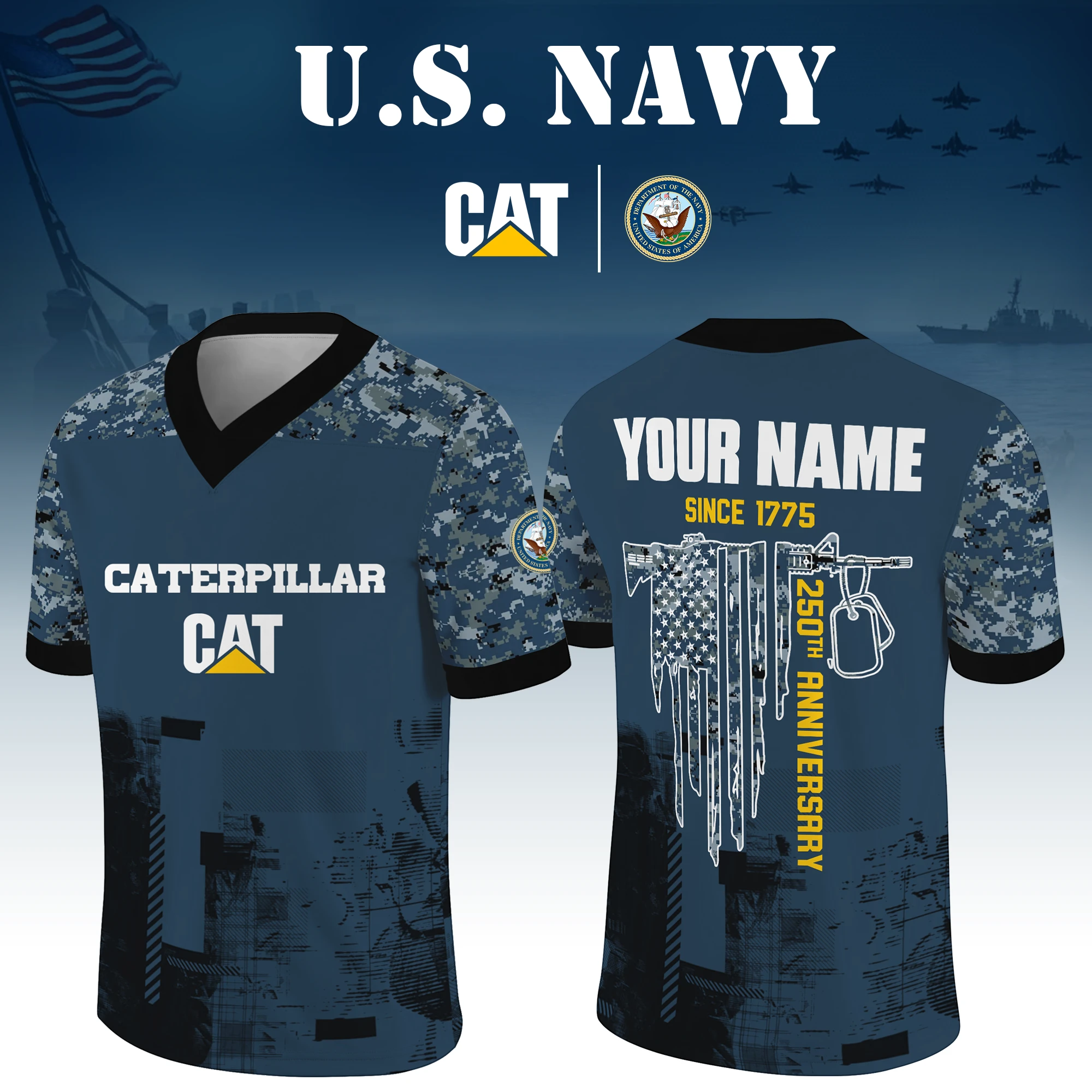 Caterpillar x US Navy 250th Anniversary V-Neck Short Sleeve Jersey 3D Limited 2026 Custom Your Name Caterpillar x US Navy 250th Anniversary V-Neck Short Sleeve Jersey 3D Limited 2026 Custom Your Name