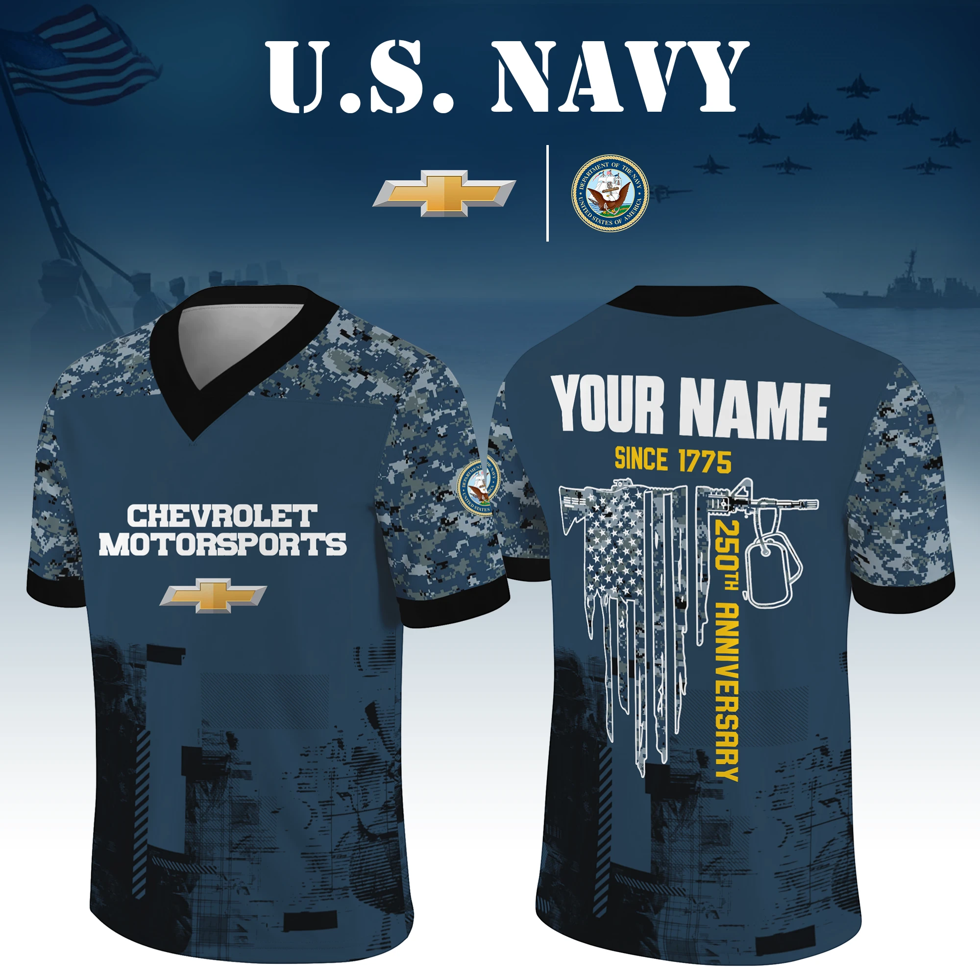 Chevrolet Motorsports x US Navy 250th Anniversary V-Neck Short Sleeve Jersey 3D Limited 2026 Custom Your Name Chevrolet Motorsports x US Navy 250th Anniversary V-Neck Short Sleeve Jersey 3D Limited 2026 Custom Your Name