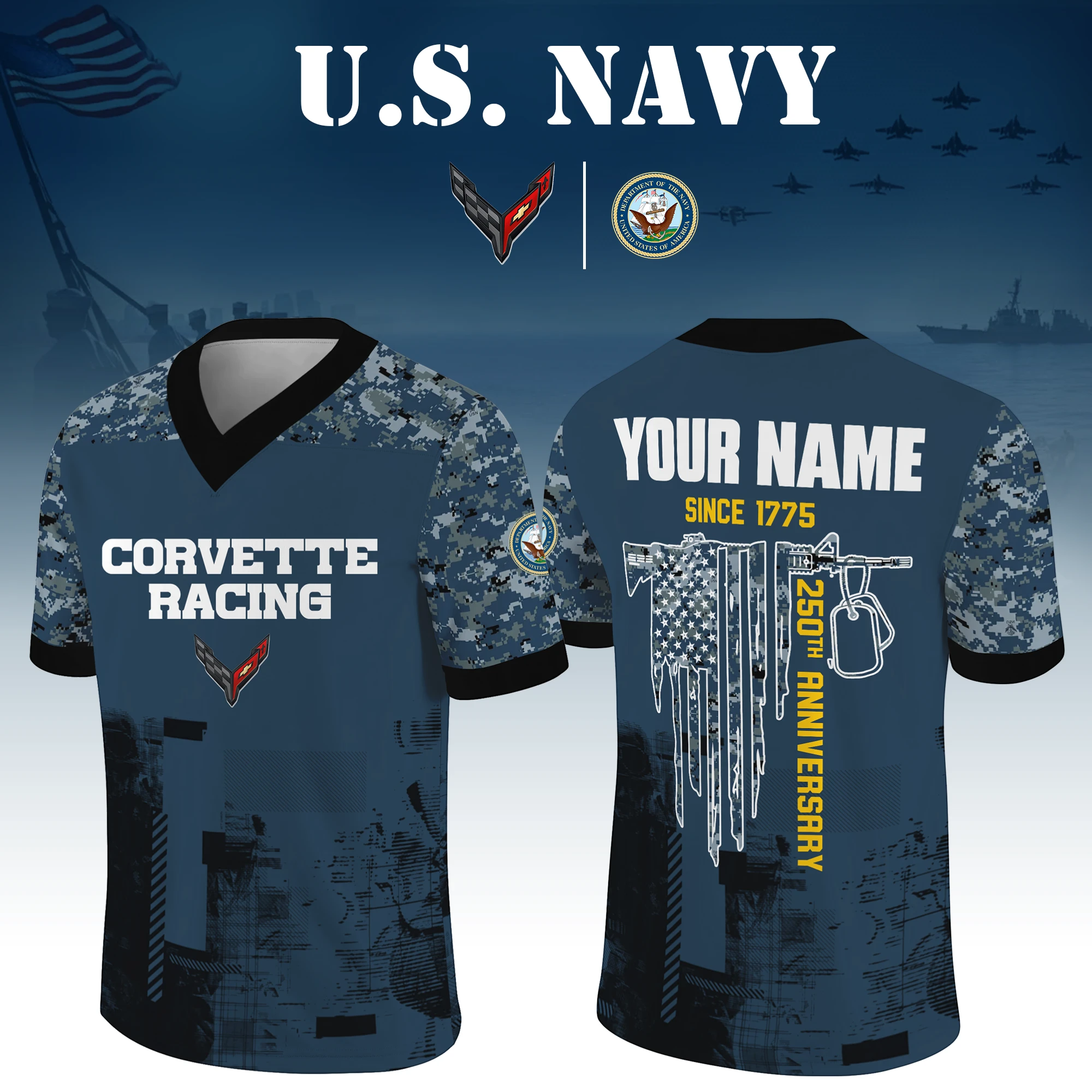 Corvette Racing x US Navy 250th Anniversary V-Neck Short Sleeve Jersey 3D Limited 2026 Custom Your Name Corvette Racing x US Navy 250th Anniversary V-Neck Short Sleeve Jersey 3D Limited 2026 Custom Your Name