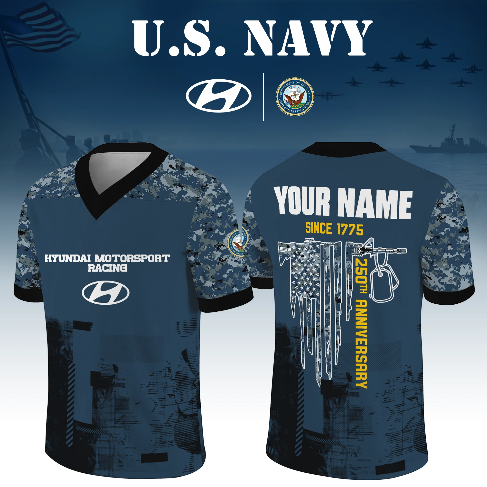 Hyundai Motorsport Racing x US Navy 250th Anniversary V-Neck Short Sleeve Jersey 3D Limited 2026 Custom Your Name Hyundai Motorsport Racing x US Navy 250th Anniversary V-Neck Short Sleeve Jersey 3D Limited 2026 Custom Your Name