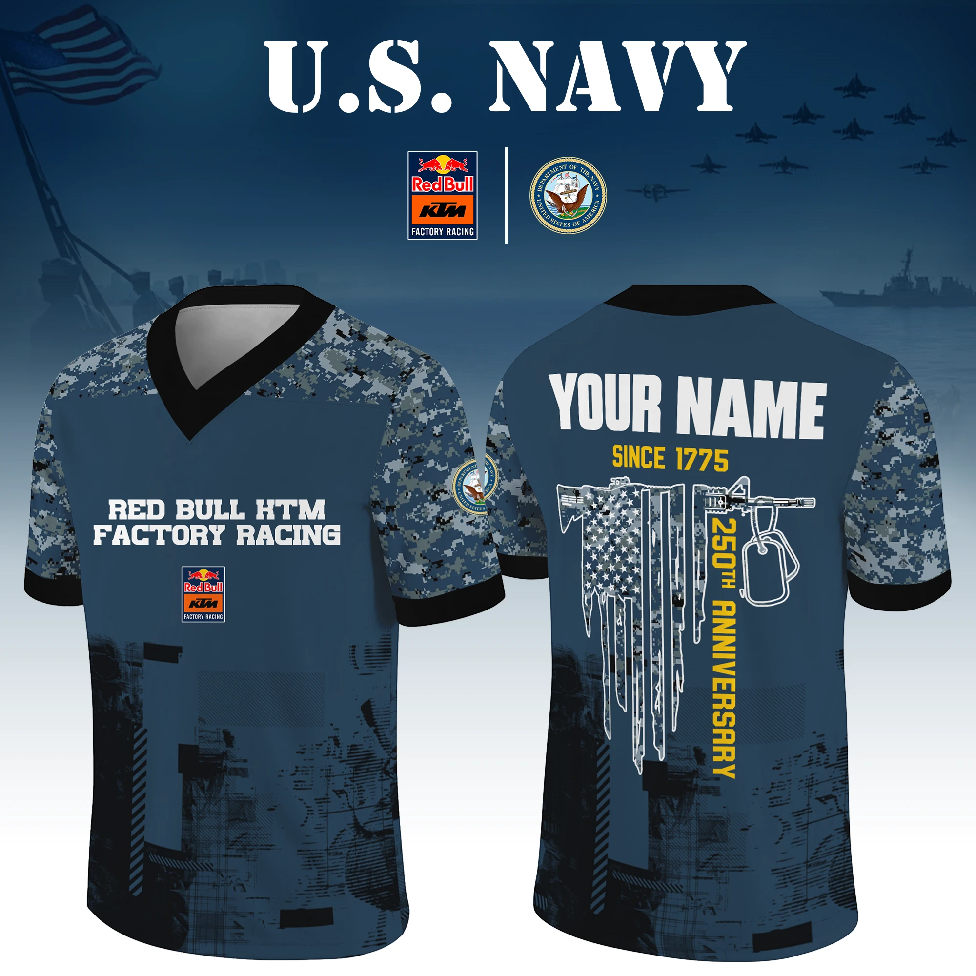 Red Bull KTM Factory Racing x US Navy 250th Anniversary V-Neck Short Sleeve Jersey 3D Limited 2026 Custom Your Name Red Bull KTM Factory Racing x US Navy 250th Anniversary V-Neck Short Sleeve Jersey 3D Limited 2026 Custom Your Name