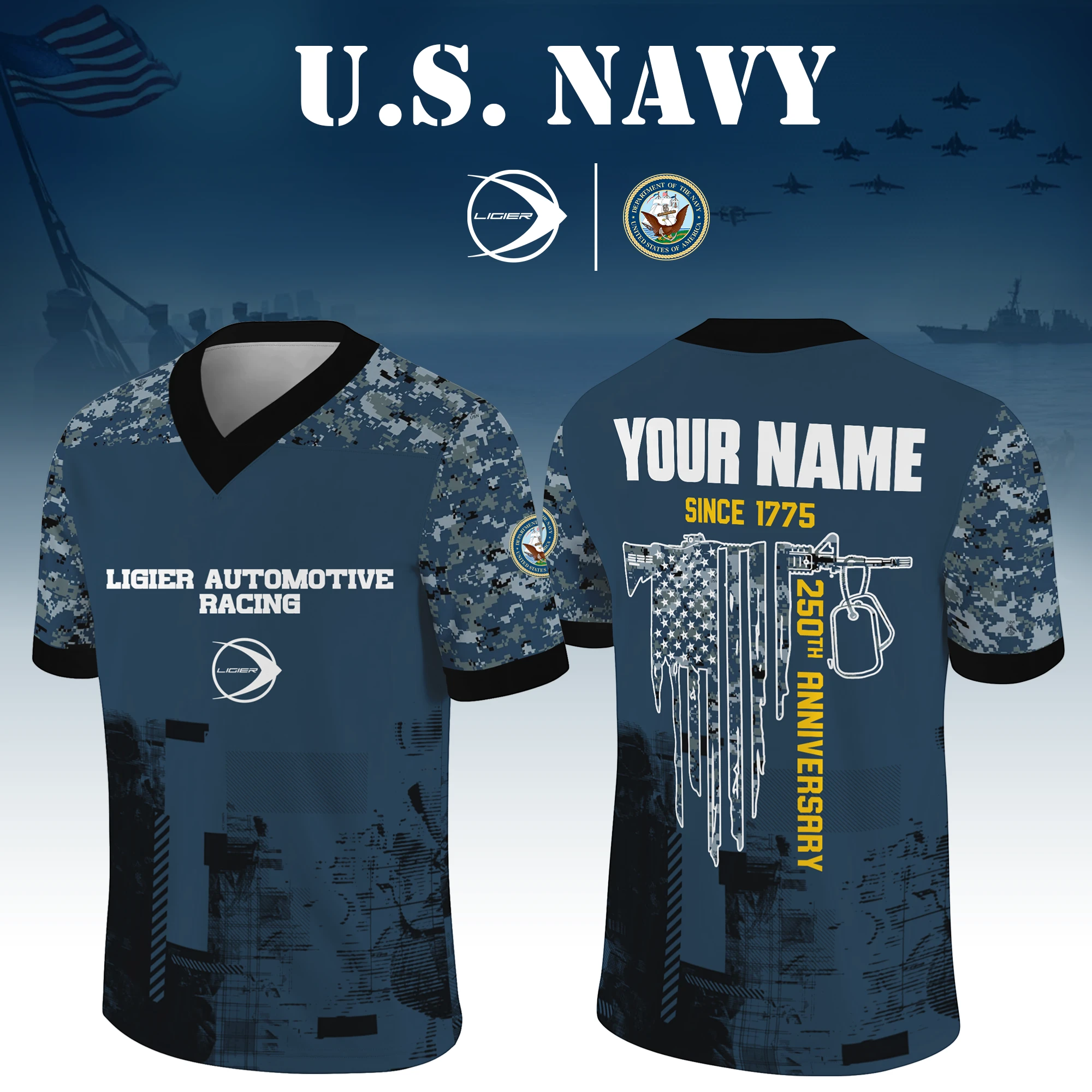 Ligier Automotive Racing x US Navy 250th Anniversary V-Neck Short Sleeve Jersey 3D Limited 2026 Custom Your Name Ligier Automotive Racing x US Navy 250th Anniversary V-Neck Short Sleeve Jersey 3D Limited 2026 Custom Your Name