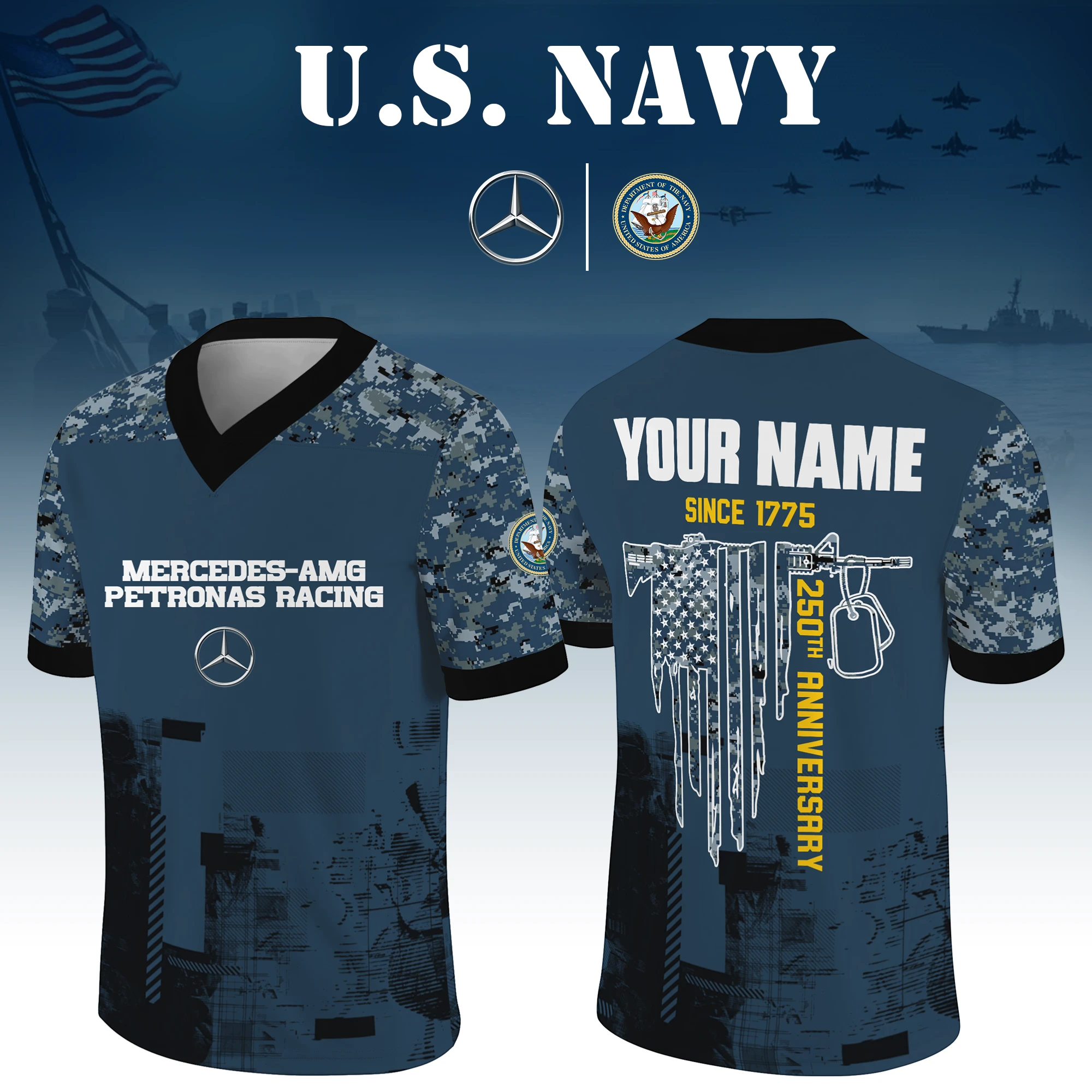 Mercedes-AMG Petronas Racing x US Navy 250th Anniversary V-Neck Short Sleeve Jersey 3D Limited 2026 Custom Your Name Mercedes-AMG Petronas Racing x US Navy 250th Anniversary V-Neck Short Sleeve Jersey 3D Limited 2026 Custom Your Name