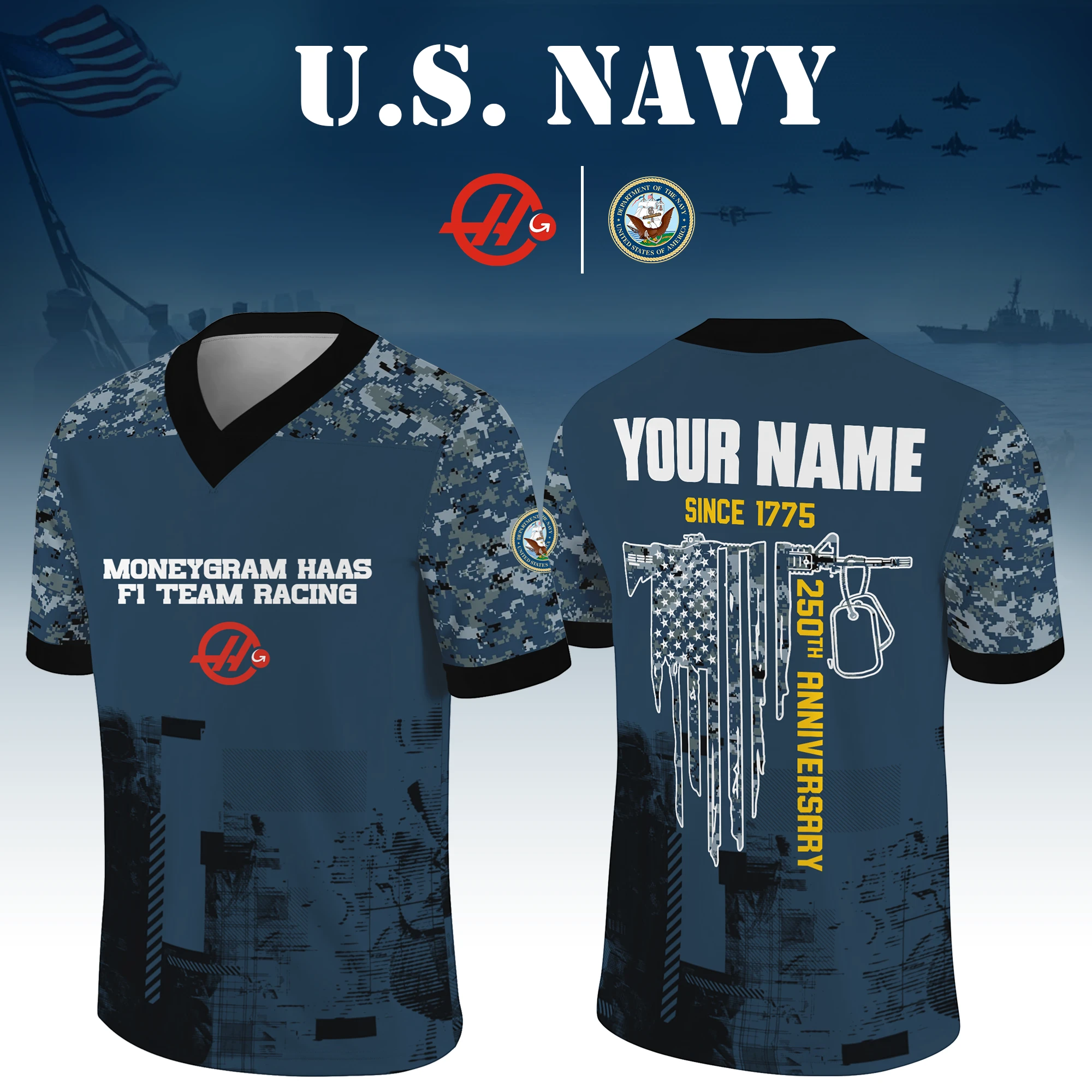 MoneyGram Haas F1 Team Racing x US Navy 250th Anniversary V-Neck Short Sleeve Jersey 3D Limited 2026 Custom Your Name MoneyGram Haas F1 Team Racing x US Navy 250th Anniversary V-Neck Short Sleeve Jersey 3D Limited 2026 Custom Your Name