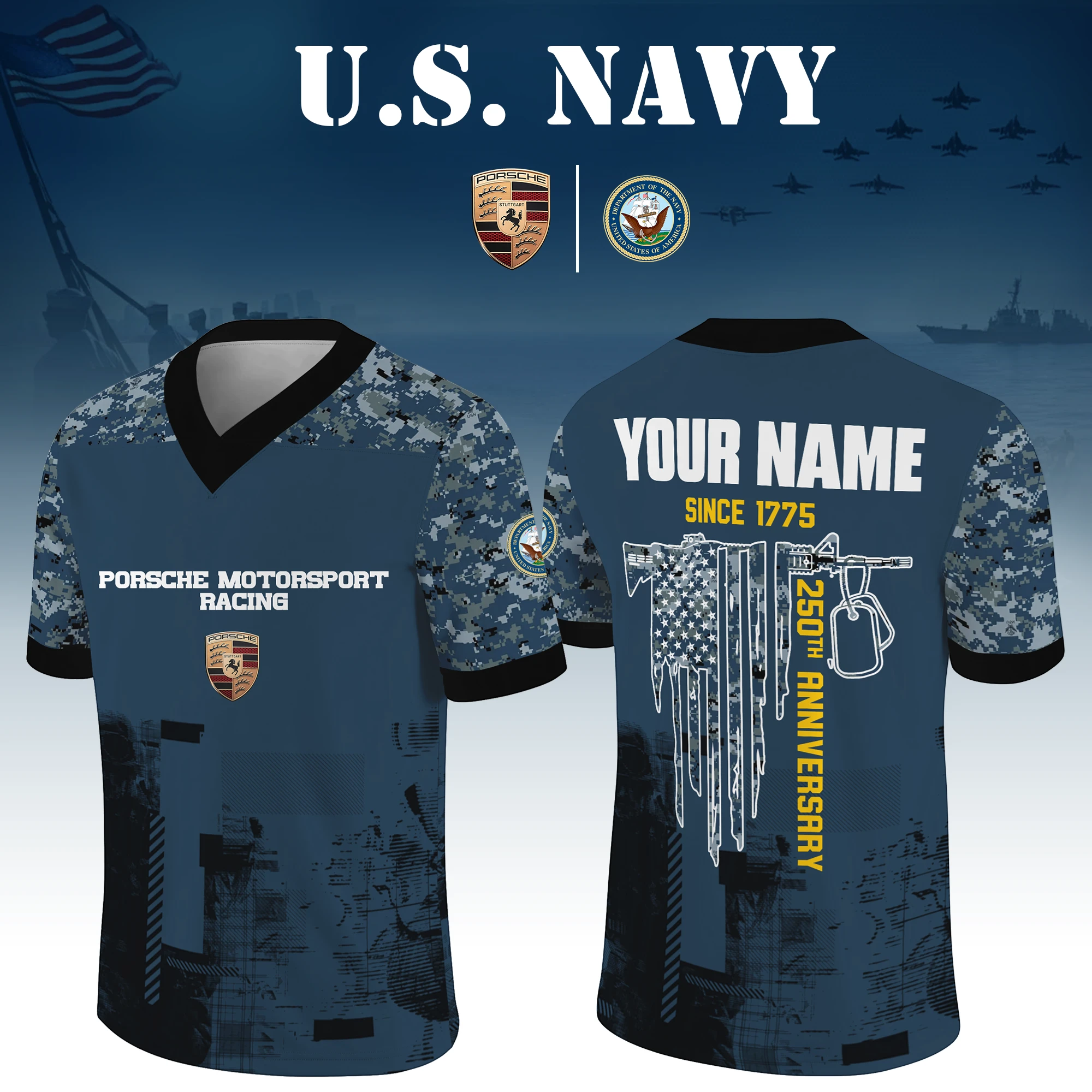 Porsche Motorsport Racing x US Navy 250th Anniversary V-Neck Short Sleeve Jersey 3D Limited 2026 Custom Your Name Porsche Motorsport Racing x US Navy 250th Anniversary V-Neck Short Sleeve Jersey 3D Limited 2026 Custom Your Name