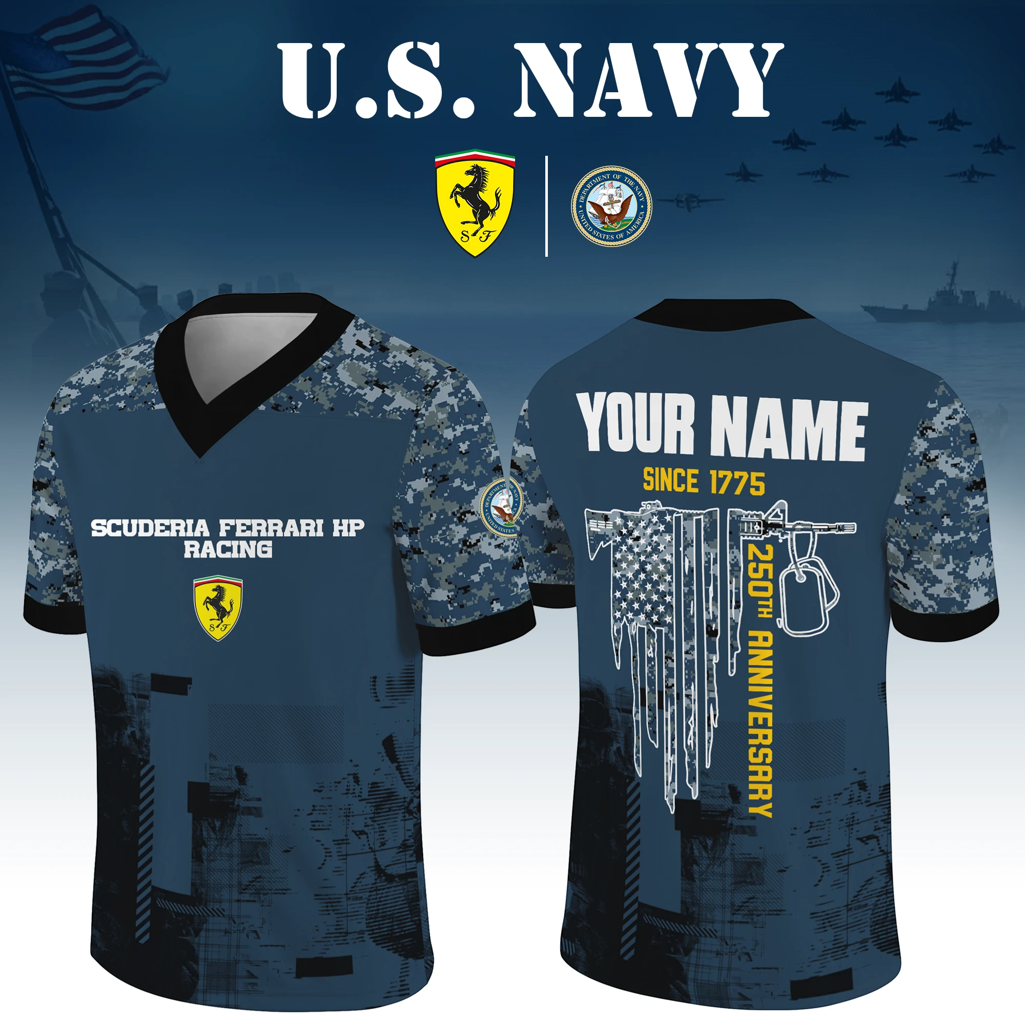Scuderia Ferrari HP Racing x US Navy 250th Anniversary V-Neck Short Sleeve Jersey 3D Limited 2026 Custom Your Name Scuderia Ferrari HP Racing x US Navy 250th Anniversary V-Neck Short Sleeve Jersey 3D Limited 2026 Custom Your Name