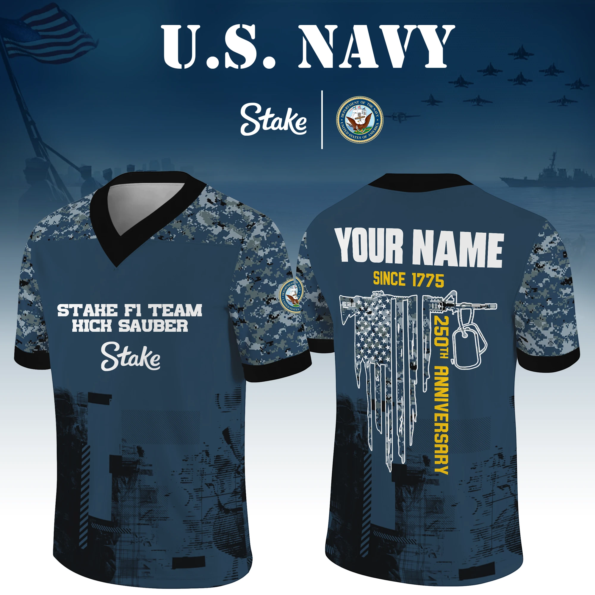 Stake F1 Team Kick Sauber x US Navy 250th Anniversary V-Neck Short Sleeve Jersey 3D Limited 2026 Custom Your Name Stake F1 Team Kick Sauber x US Navy 250th Anniversary V-Neck Short Sleeve Jersey 3D Limited 2026 Custom Your Name