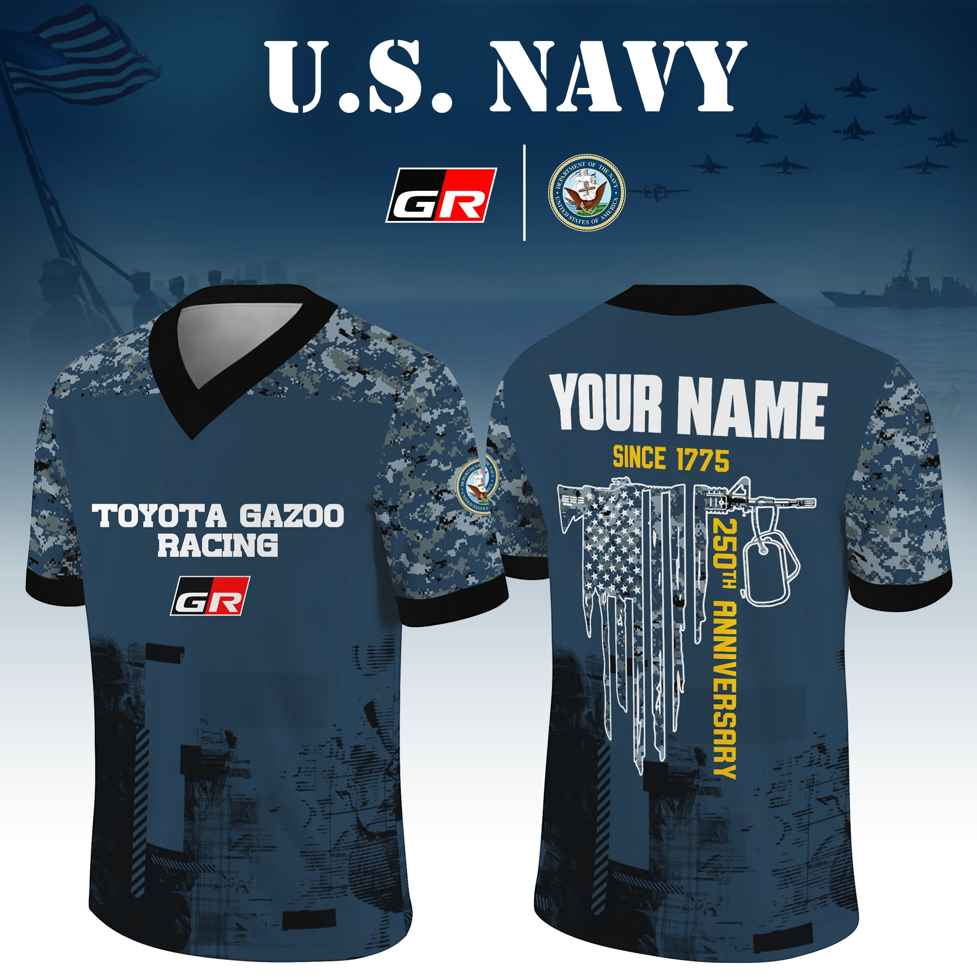 Toyota Gazoo Racing x US Navy 250th Anniversary V-Neck Short Sleeve Jersey 3D Limited 2026 Custom Your Name Toyota Gazoo Racing x US Navy 250th Anniversary V-Neck Short Sleeve Jersey 3D Limited 2026 Custom Your Name