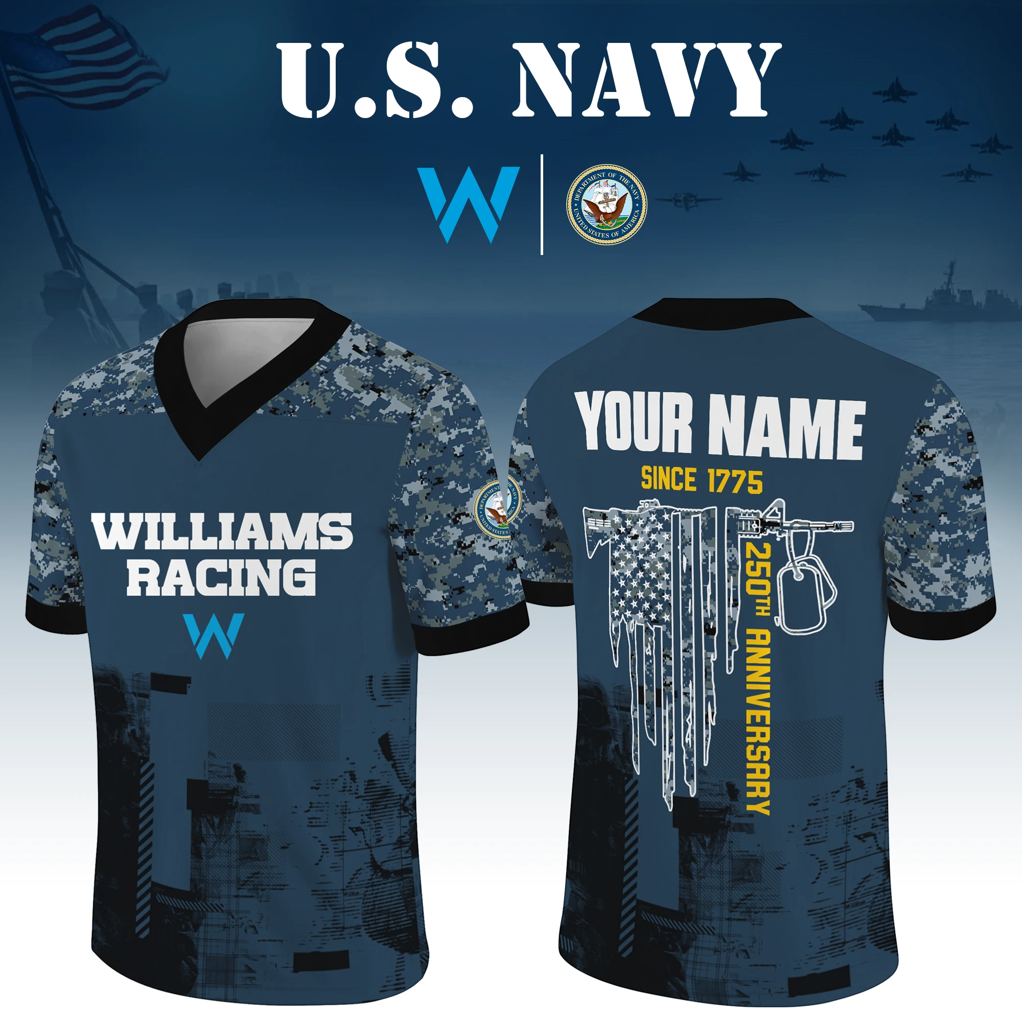 Williams Racing x US Navy 250th Anniversary V-Neck Short Sleeve Jersey 3D Limited 2026 Custom Your Name Williams Racing x US Navy 250th Anniversary V-Neck Short Sleeve Jersey 3D Limited 2026 Custom Your Name