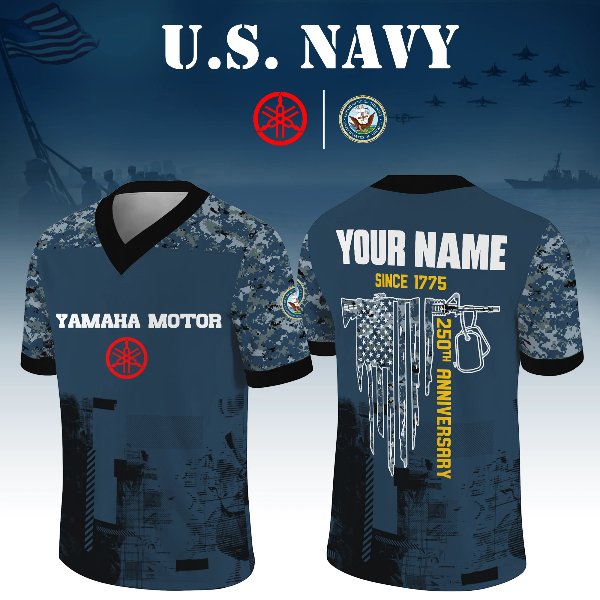 Yamaha Motor x US Navy 250th Anniversary V-Neck Short Sleeve Jersey 3D Limited 2026 Custom Your Name Yamaha Motor x US Navy 250th Anniversary V-Neck Short Sleeve Jersey 3D Limited 2026 Custom Your Name